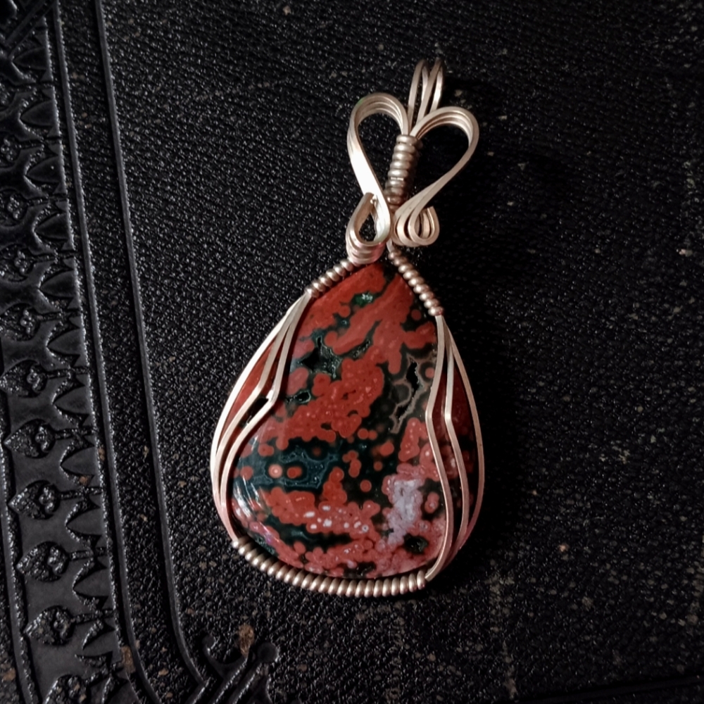 Ocean Jasper Pendant - Red and Silver Fairy Jewelry - Silver Wire Wrapped